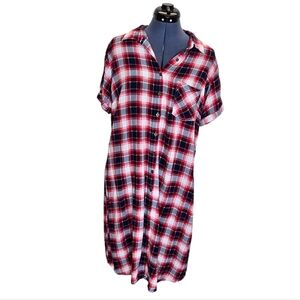 Ashley Stewart red and blue plaid knee length button down shirt dress size 16